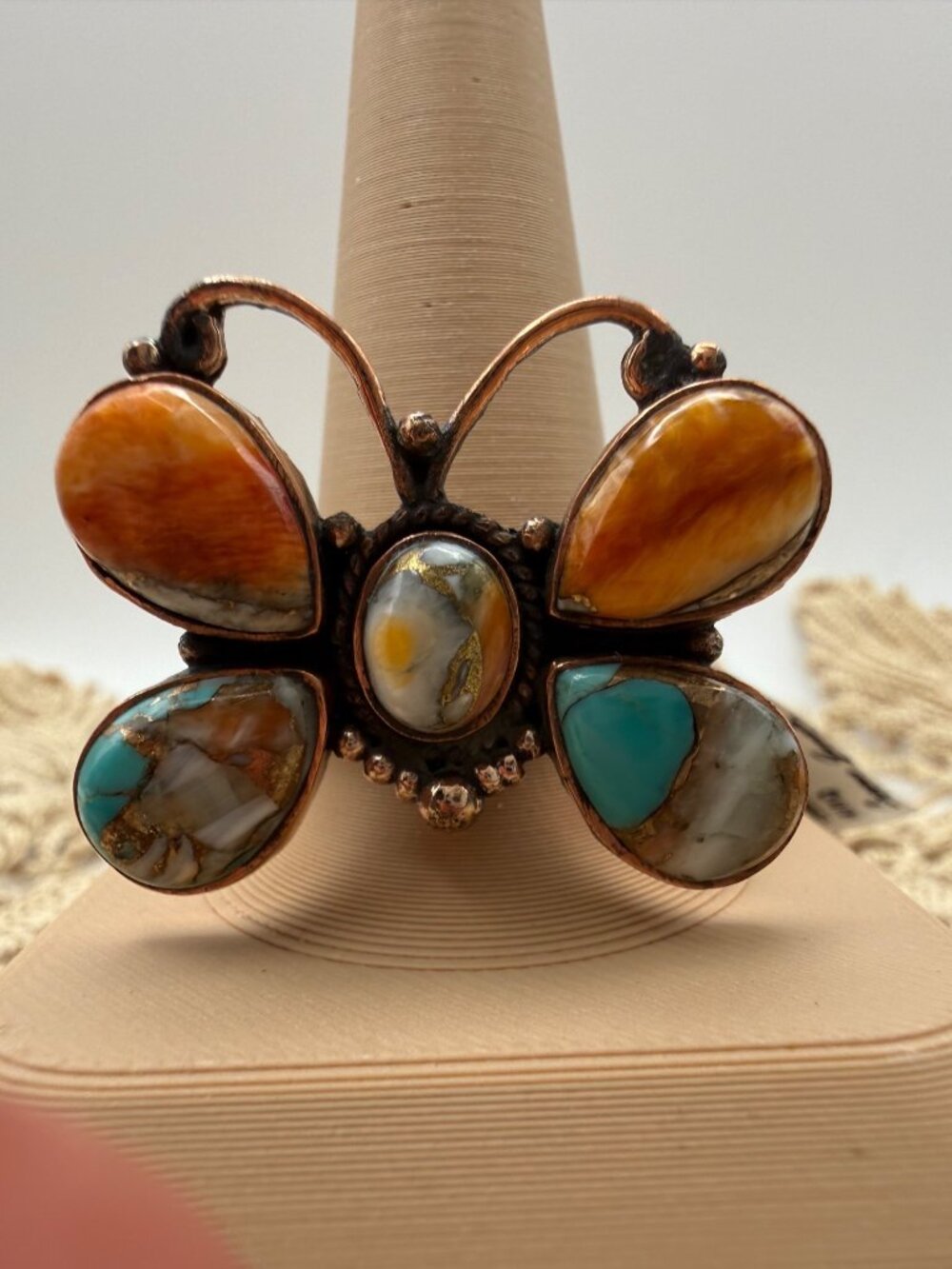 Artisan Tripple Spiny Oyster Turquoise Butterfly Copper Statement Ring Adj Boho